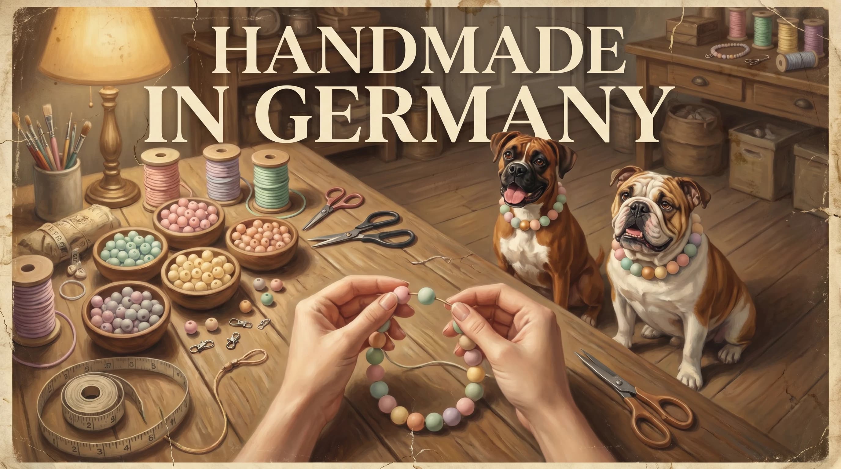 Hände fädeln Perlen auf einer Werkbank, Titus und Gini schauen erwartungsvoll zu — HANDMADE IN GERMANY